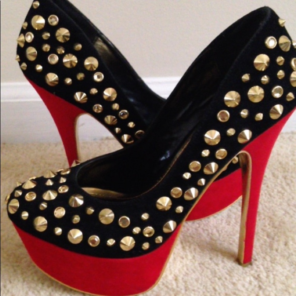 Black Suede Gold Studded Pumps With Red Heel